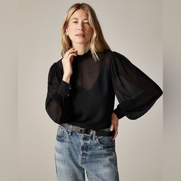 NWT J CREW Ruffleneck top in chiffon in black - Picture 2 of 6